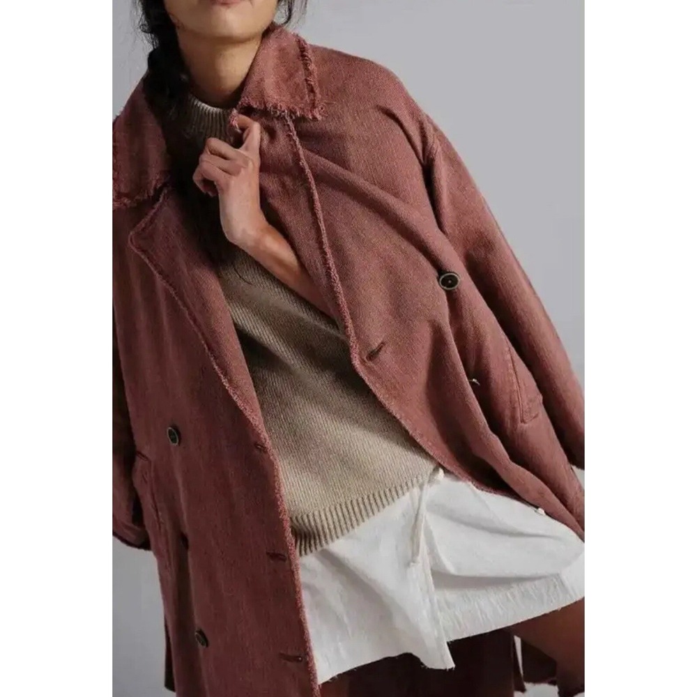 NEW FREE PEOPLE Kelly TRENCH COAT Size M/L Cherry Chai NWT Side Slits Raw Hem - Picture 3 of 5